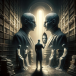 DALL·E-2023-12-14-09.56.53-A-surreal-and-thought-provoking-image-depicting-the-philosophy-of-the-doppelganger.-The-scene-is-set-in-an-ancient-dimly-lit-library-with-towering-bo