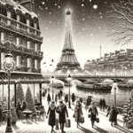 DALL·E-2023-12-17-20.44.39-A-black-and-white-image-depicting-Christmas-in-Paris.-The-scene-includes-the-Eiffel-Tower-adorned-with-twinkling-lights-snow-gently-falling-over-the-